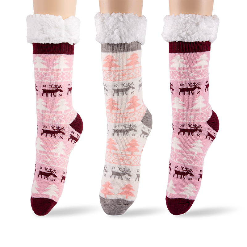 RZ016-1 Winter Moose Thick Sherpa Fleece Lined Warm Non Slip Women’s Cabin Socks