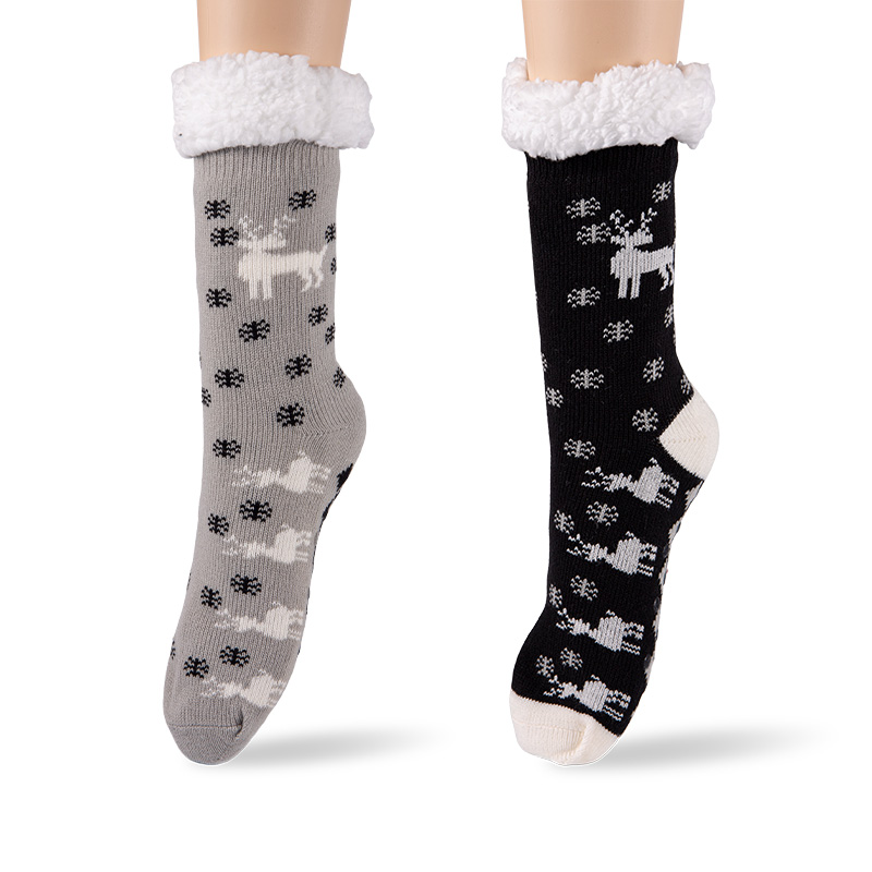 RZ016-1 Acrylic Cotton Fleece Snowy Moose Non Slip Women’s Cabin Socks