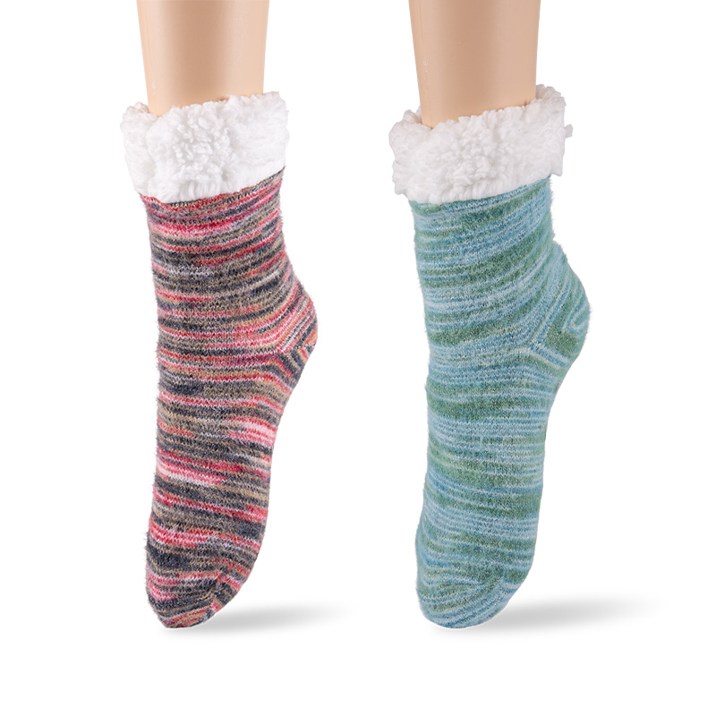 RZ033 Comfortable Shiny Gradient Striped Plush Mink Fleece Sherpa Fleece Lined Non Slip Women’s Cabin Socks