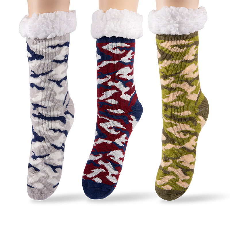 RZ253 Men's Thick Warm Anti-Slip Cabin Socks with Sherpa Fleece Lining and Leopard, Plaid, Diamond Patterns