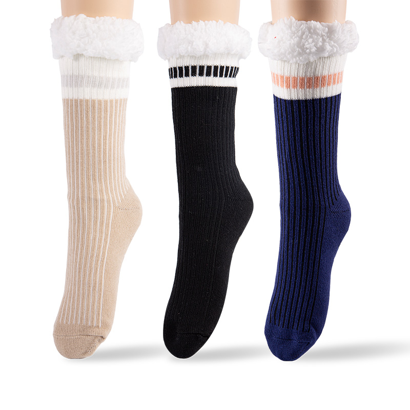 RZ274 Men's Minimalist Ribbed Acrylic Thick Warm Anti-Slip Cabin Socks with Sherpa Fleece Lining