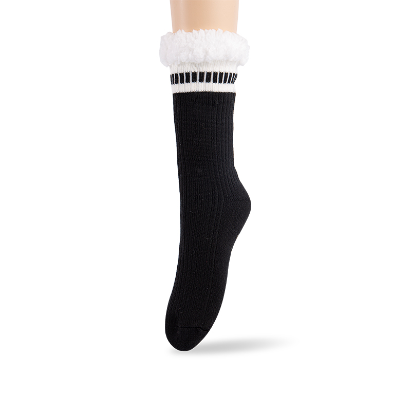 RZ274 Men's Minimalist Ribbed Acrylic Thick Warm Anti-Slip Cabin Socks with Sherpa Fleece Lining