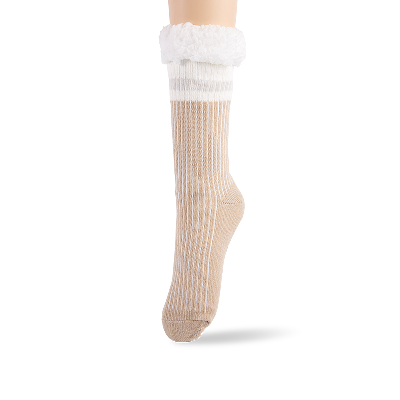 RZ274 Men's Minimalist Ribbed Acrylic Thick Warm Anti-Slip Cabin Socks with Sherpa Fleece Lining