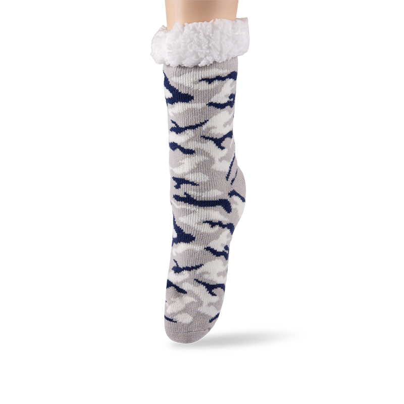 RZ253 Men's Thick Warm Anti-Slip Cabin Socks with Sherpa Fleece Lining and Leopard, Plaid, Diamond Patterns