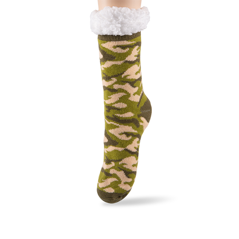 RZ253 Men's Thick Warm Anti-Slip Cabin Socks with Sherpa Fleece Lining and Leopard, Plaid, Diamond Patterns
