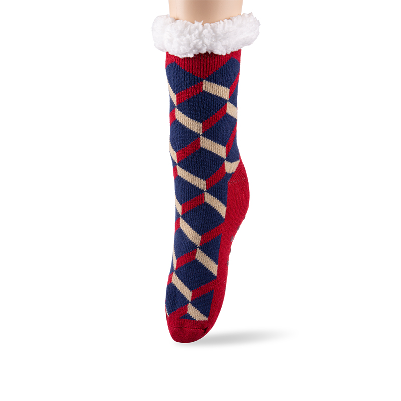 RZ253 Men's Thick Warm Anti-Slip Cabin Socks with Sherpa Fleece Lining and Leopard, Plaid, Diamond Patterns