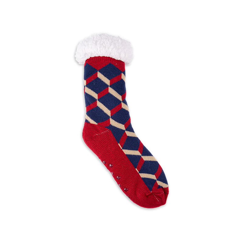 RZ253 Men's Thick Warm Anti-Slip Cabin Socks with Sherpa Fleece Lining and Leopard, Plaid, Diamond Patterns