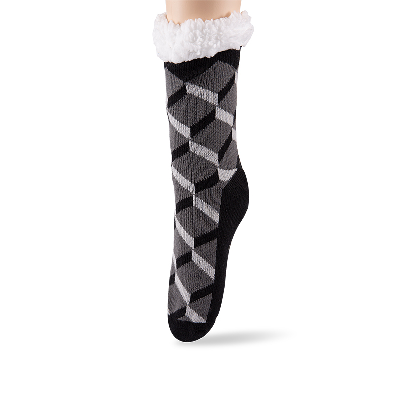 RZ253 Men's Thick Warm Anti-Slip Cabin Socks with Sherpa Fleece Lining and Leopard, Plaid, Diamond Patterns