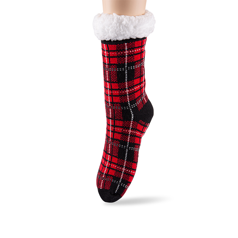 RZ253 Men's Thick Warm Anti-Slip Cabin Socks with Sherpa Fleece Lining and Leopard, Plaid, Diamond Patterns