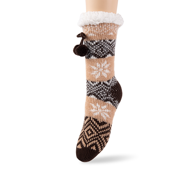 RZ042 Vintage Pom Pom Snowflake Thick Sherpa Fleece Lined Non Slip Women’s Cabin Socks