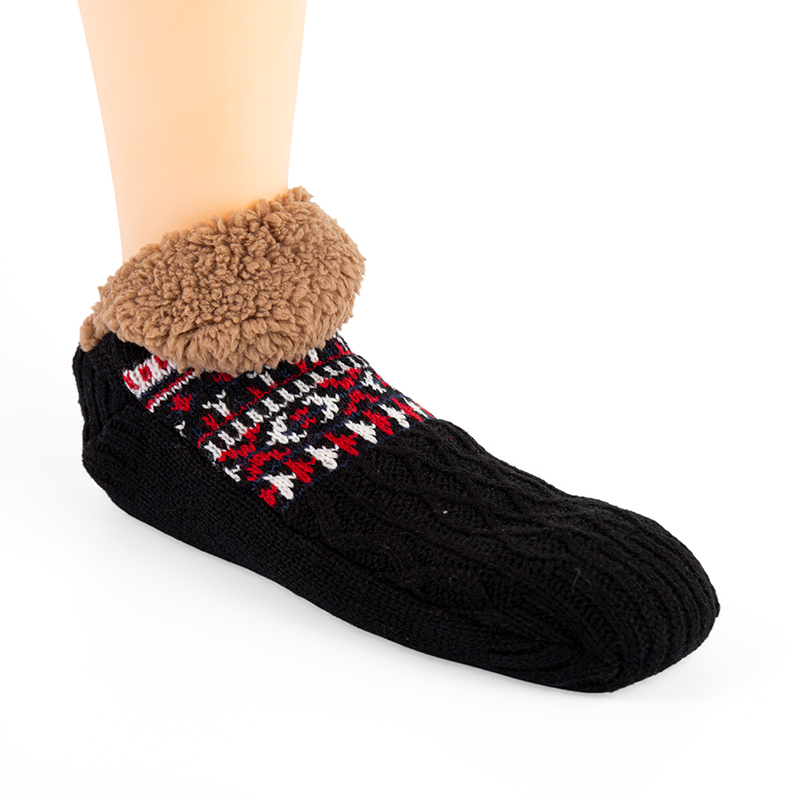 RZ059-1 Ethnic Style Thick Brown Sherpa Lined Fold-Over Slipper Socks