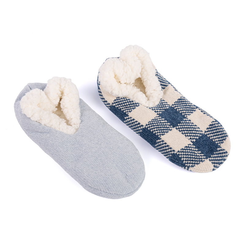 RZ133 Chenille Winter Romantic Plaid Thick Sherpa Fleece Lined Home Knit Slippers