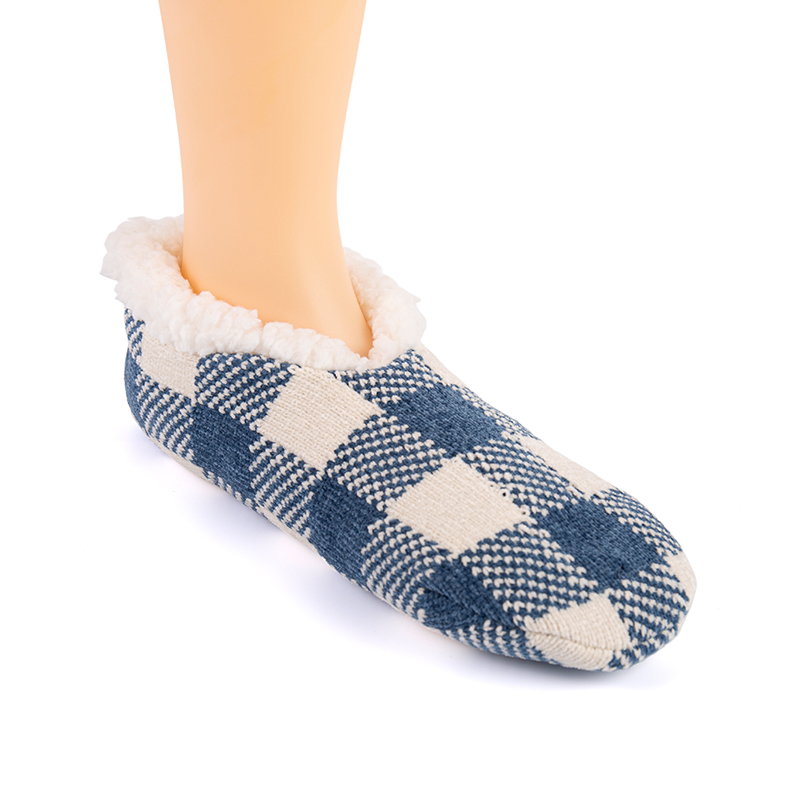 RZ133 Chenille Winter Romantic Plaid Thick Sherpa Fleece Lined Home Knit Slippers