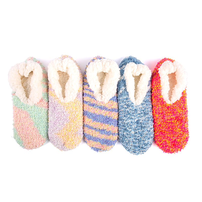 RZ135 Color-Woven Butterfly Yarn Anti-Slip Home Knit Slippers with Sherpa Fleece Lining