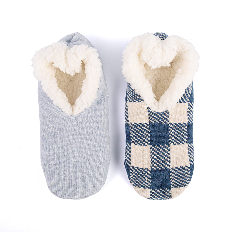 RZ133 Chenille Winter Romantic Plaid Thick Sherpa Fleece Lined Home Knit Slippers