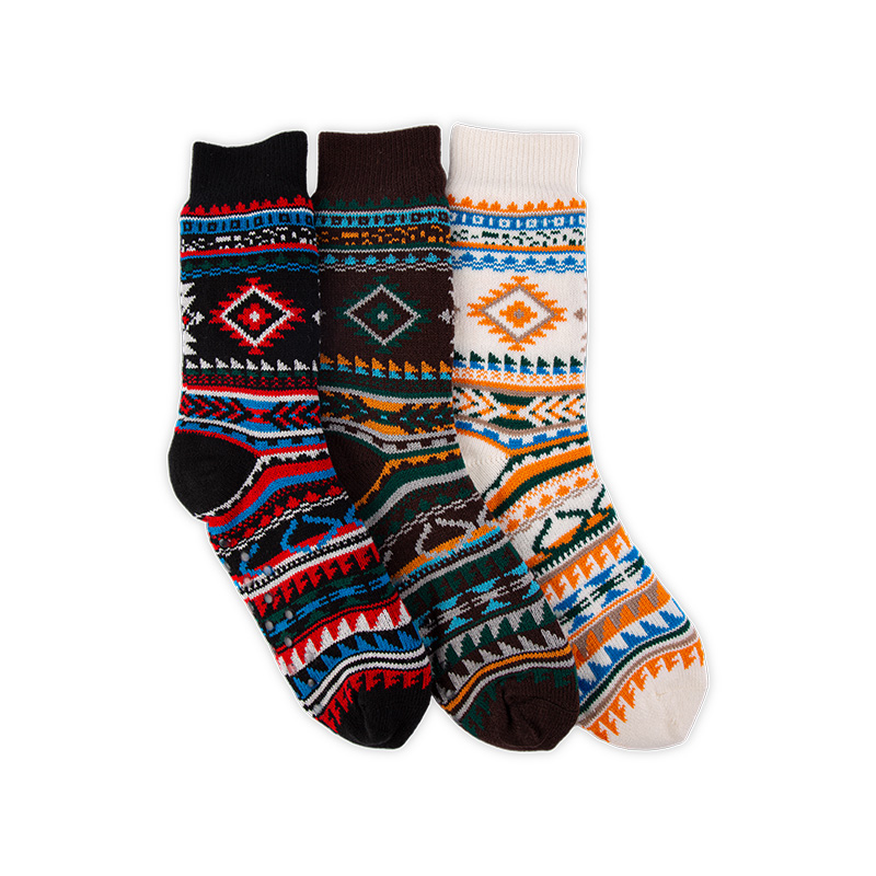 RZ188 Colorful Ethnic Style Thick Warm Men's Cabin Socks with Sherpa Fleece Lining and Anti-Slip Sole