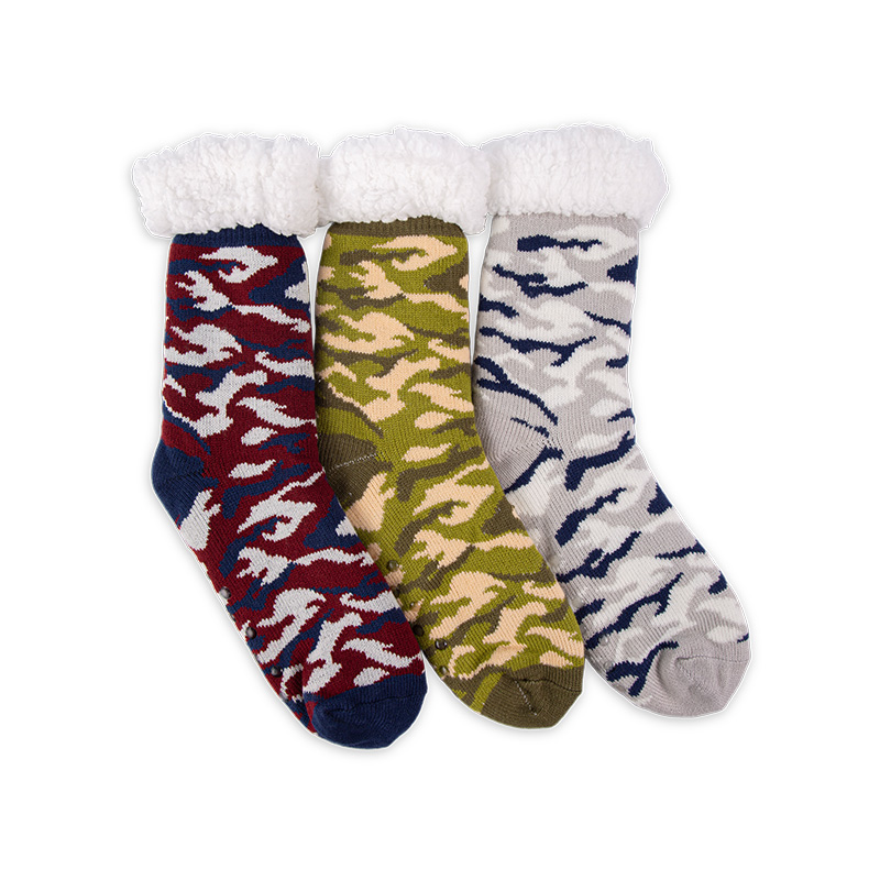 RZ253 Men's Thick Warm Anti-Slip Cabin Socks with Sherpa Fleece Lining and Leopard, Plaid, Diamond Patterns