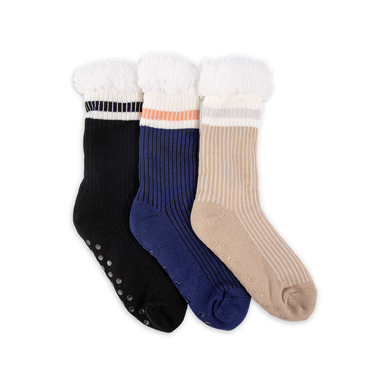 RZ274 Men's Minimalist Ribbed Acrylic Thick Warm Anti-Slip Cabin Socks with Sherpa Fleece Lining