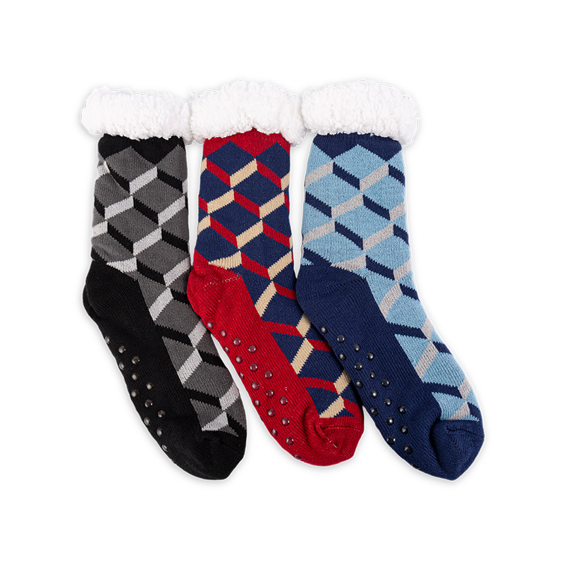 RZ253 Men's Thick Warm Anti-Slip Cabin Socks with Sherpa Fleece Lining and Leopard, Plaid, Diamond Patterns