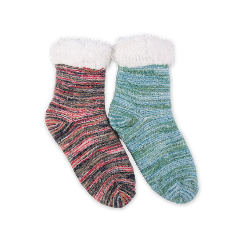 RZ033 Comfortable Shiny Gradient Striped Plush Mink Fleece Sherpa Fleece Lined Non Slip Women’s Cabin Socks