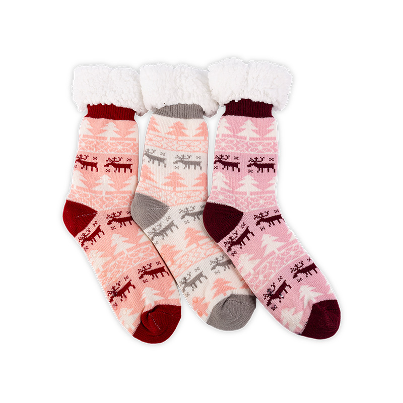 RZ016-1 Winter Moose Thick Sherpa Fleece Lined Warm Non Slip Women’s Cabin Socks