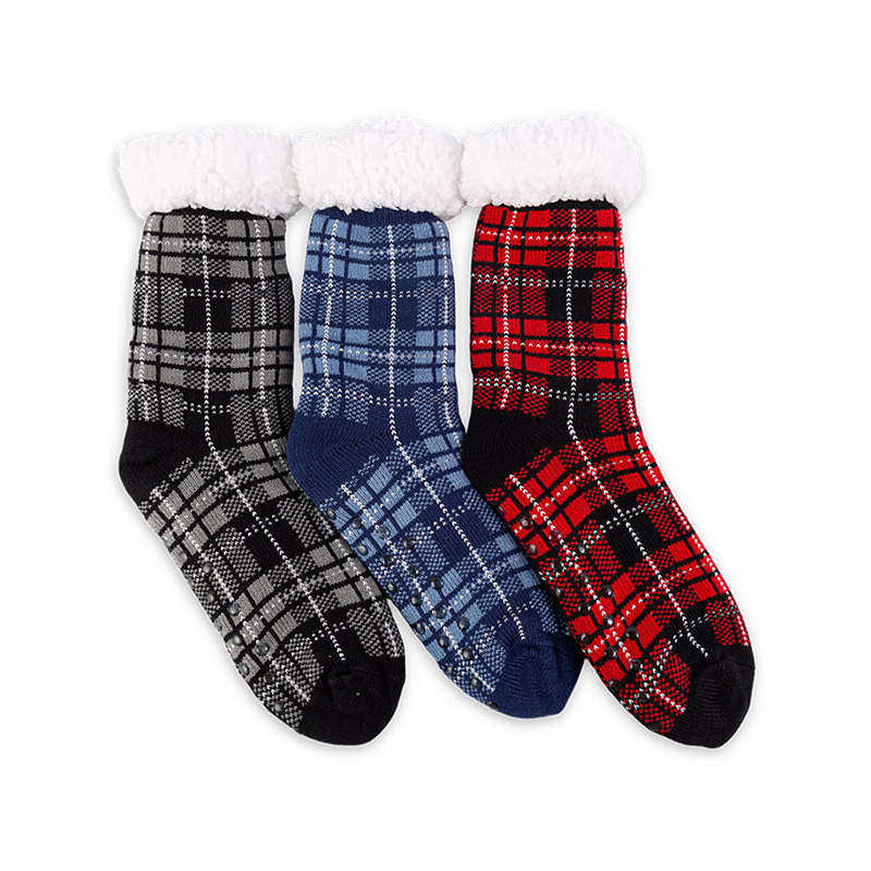 RZ253 Men's Thick Warm Anti-Slip Cabin Socks with Sherpa Fleece Lining and Leopard, Plaid, Diamond Patterns